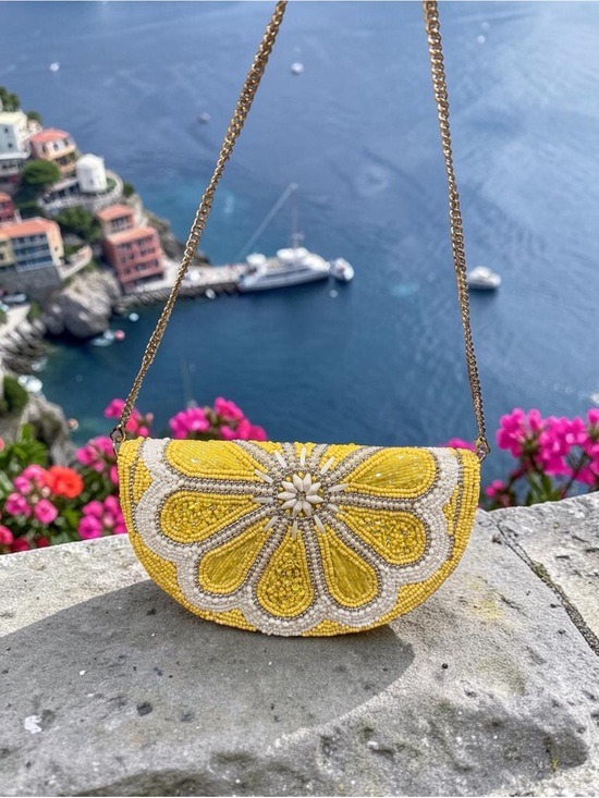 Handbeaded in India Handbags - Elegant Beaded Floral/Lemon Slice Evening Clutch w/ Crossbody Chain